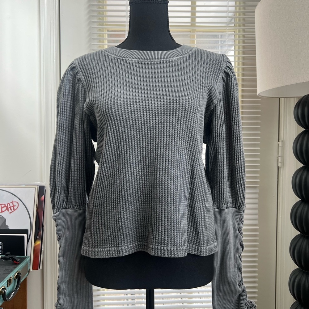 Free People Gray Ribbed Tie Front Long Sleeve Blouse - Picture 3 of 9